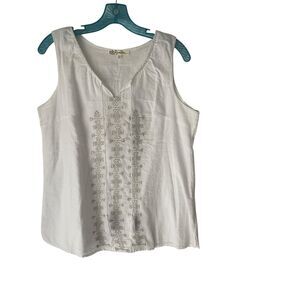 Laffaire Size Large White Cotton Cottage‎ Peasant Boho Embroidered Top